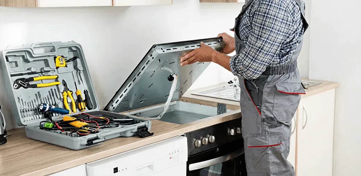 Handyman repairing a cooktop and checking wiring connections in Chattanooga, TN